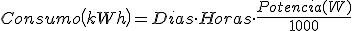 El consumo de una lámpara expresado en kilovatios hora es igual al producto del número de días de funcionamiento por el número de horas que funciona cada día por la potencia de la lámpara expresada en vatios partido por mil.