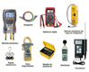 Imagen de aparatos de medida para climatización formado por Medidor electrónico, Mangueras, Multímetro digital, Detector electrónico de fugas de refrigerante, Puente de manómetros, Pinza amperimétrica, Medidor de aislamiento, Sonómetro y Termómetro.