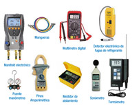Imagen de aparatos de medida para climatización formado por Medidor electrónico, Mangueras, Multímetro digital, Detector electrónico de fugas de refrigerante, Puente de manómetros, Pinza amperimétrica, Medidor de aislamiento, Sonómetro y Termómetro.