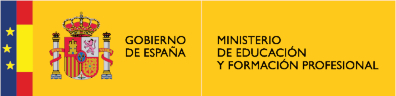 Ilustración del logotipo del Ministerio de Educación y Formación Profesional. Junto a una banda vertical que representa esquemáticamente la bandera de Europa y otra que representa la bandera de España, aparece el escudo de España, y el texto: Gobierno de España. Ministerio de Educación y Formación Profesional.