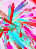 Imagen en la que aparece un lapicero con muchos lápices de colores. La imagen tiene los colores invertidos, a modo de negativo.  
