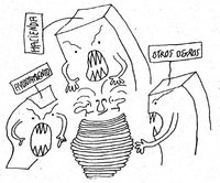 Monstruos. Ilustración en la que se puede ver a varios monstruos acechando a un grupo de personas. Las personas están atadas hasta el cuello, asustadas y en el centro de la ilustración. Alrededor de ellos, están los monstruos, con forma de caja con brazos, con cara enfadada y una boca con grandes dientes. De cada monstruo sobresale un cartel que pone, de izquierda a derecha, ayuntamiento, hacienda y otros ogros.