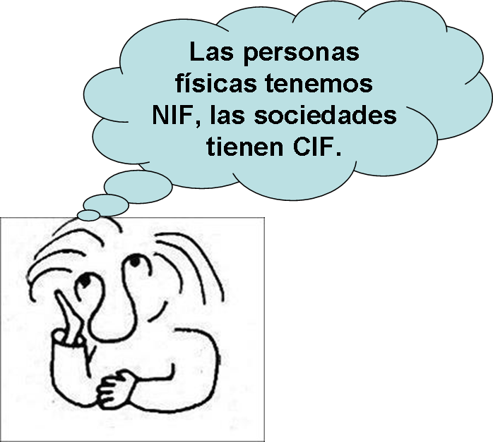 NIF y CIF. Dibujo en la que se ve a una persona pensando en los conceptos de NIF y CIF. Del dibujo de la persona pensando sale un bocadillo en el que se puede leer “Las personas físicas tenemos NIF, las sociedades tienen CIF”.