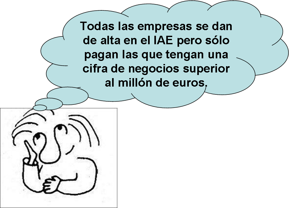 Dibujo en el que se ve a una persona pensando acerca de quién tiene que pagar el impuesto de actividades económicas conocido como IAE. Del dibujo de la persona sale un bocadillo en el que se puede leer el texto “todas las empresas se dan de alta en el IAE pero sólo pagan las que tengan una cifra de negocios superior al millón de euros”.