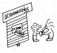 Compra de un local. Dibujo que muestra dos personas estrechándose las manos en señal de acuerdo y la puerta de entrada de una tienda de ultramarinos cerrada. La puerta de entrada de la tienda de ultramarinos está formada por una persiana enrollable para comercio, con un cartel grande encima que pone en letras mayúsculas “ultramarinos”. En la puerta de entrada hay dos carteles, uno que pone “se vende” y otro que pone “vendido”. En el dibujo solo se han dibujado los contornos, no se han coloreado las figuras.