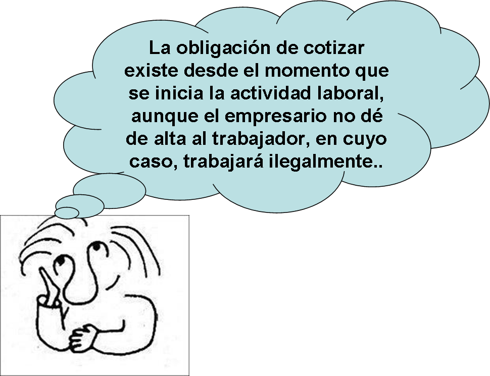 Dibujo en el que aparece una persona pensando en la obligación de cotizar. Del dibujo de la persona sale un bocadillo en el que se puede leer el texto: “La obligación de cotizar existe desde el momento que se inicia la actividad laboral, aunque el empresario no dé de alta al trabajador, en cuyo caso, trabajará ilegalmente”.