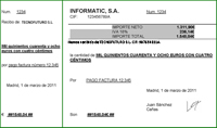 Imagen que muestra  un  recibo de la empresa de informática INFOMATIC. En el figura el importe neto, el  tanto por ciento de IVA y su importe, y el importe total, el número de recibo, el importe total en letra, nombre y CIF del emisor de la factura, nombre y CIF del receptor de la factura, lugar y fecha, indicación del número de factura a la que se asocia el recibo, y el sello y firma.