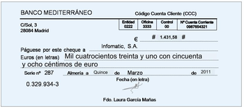 Imagen en la que se muestra un cheque. En el cheque se puede leer, entre otra información la siguiente: entidad bancaria donde se cobrará el cheque, dirección de la entidad bancaria, número de cuenta corriente, importe en número e importe en letra, persona o entidad que puede cobrar el cheque, número de serie del cheque, fecha y firma.