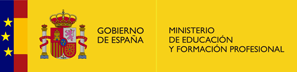 Logotipo del Ministerio de Educación y Formación Profesional. Junto a una banda vertical que representa esquemáticamente la bandera de Europa y otra que representa la bandera de España, aparece el escudo de España, y el texto: Gobierno de España. Ministerio de Educación y Formación Profesional.