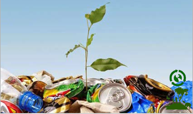 Ilustración del nacimiento de una planta sobre plásticos, latas, ...