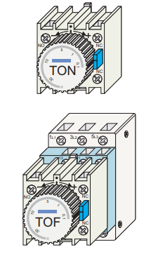 Ilustración de bloque de contactos temporizados. Simbolos para los temporizadores TON y TOF 