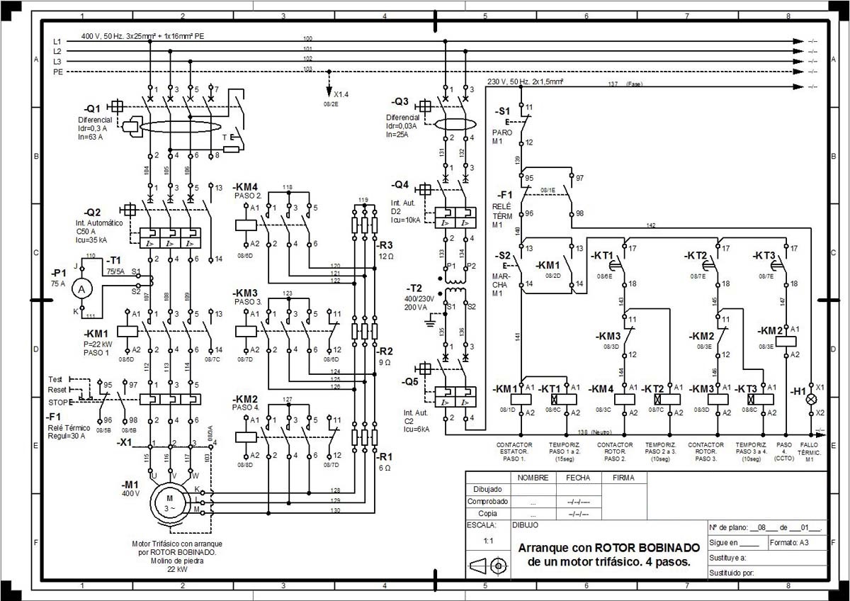 Esquema completo de motor con rotor bobinado de 4 pasos