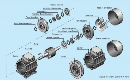 Ilustración de los componentes de un motor asíncrono