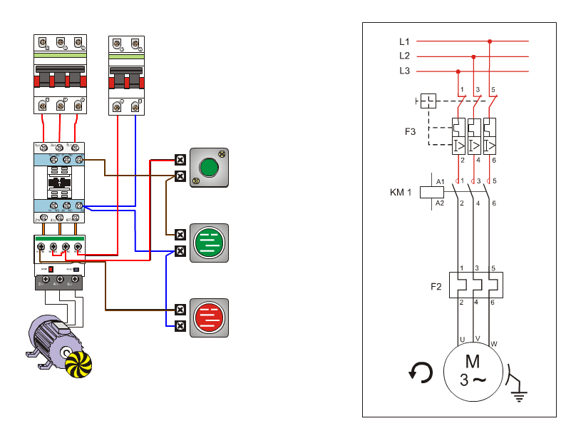 Ilustración de puesta en marcha de un motor trifásico a impulsos, mediante un pulsador 