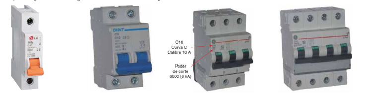 Ilustración de Interruptores automáticos tipo unipolar, bipolar, tripolar y tetrapolar.