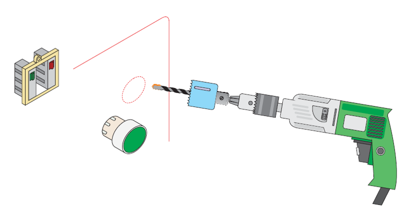 Ilustración del taladro realizando agujero con corona para colocar pulsador