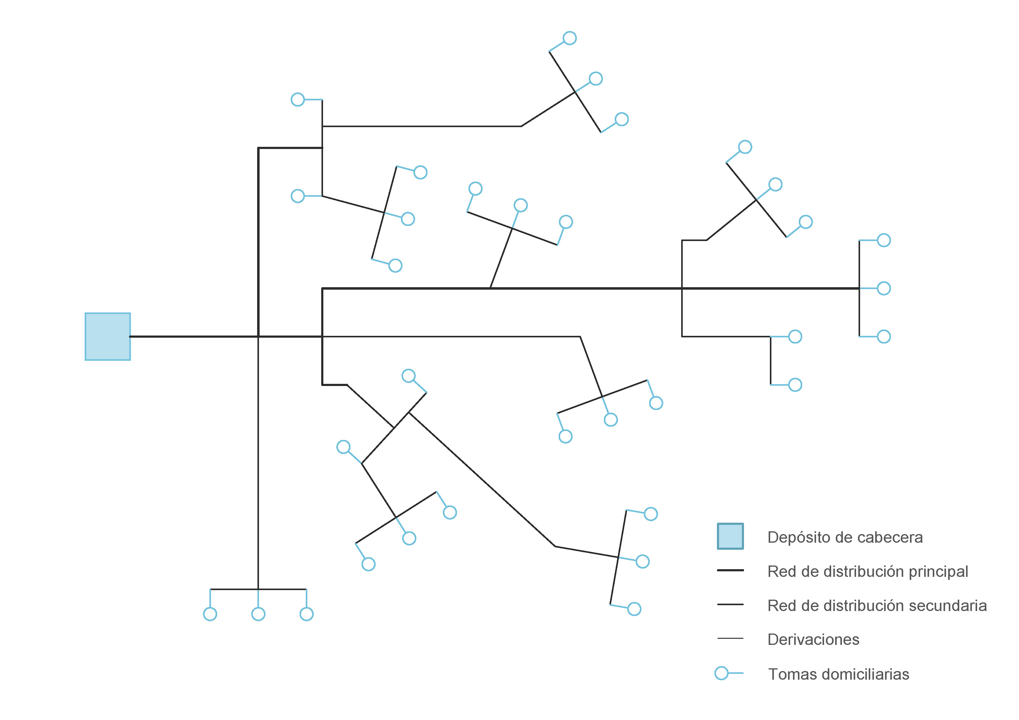 Esquema de los componentes y redes de conducción que componen una red de distribución ramificada