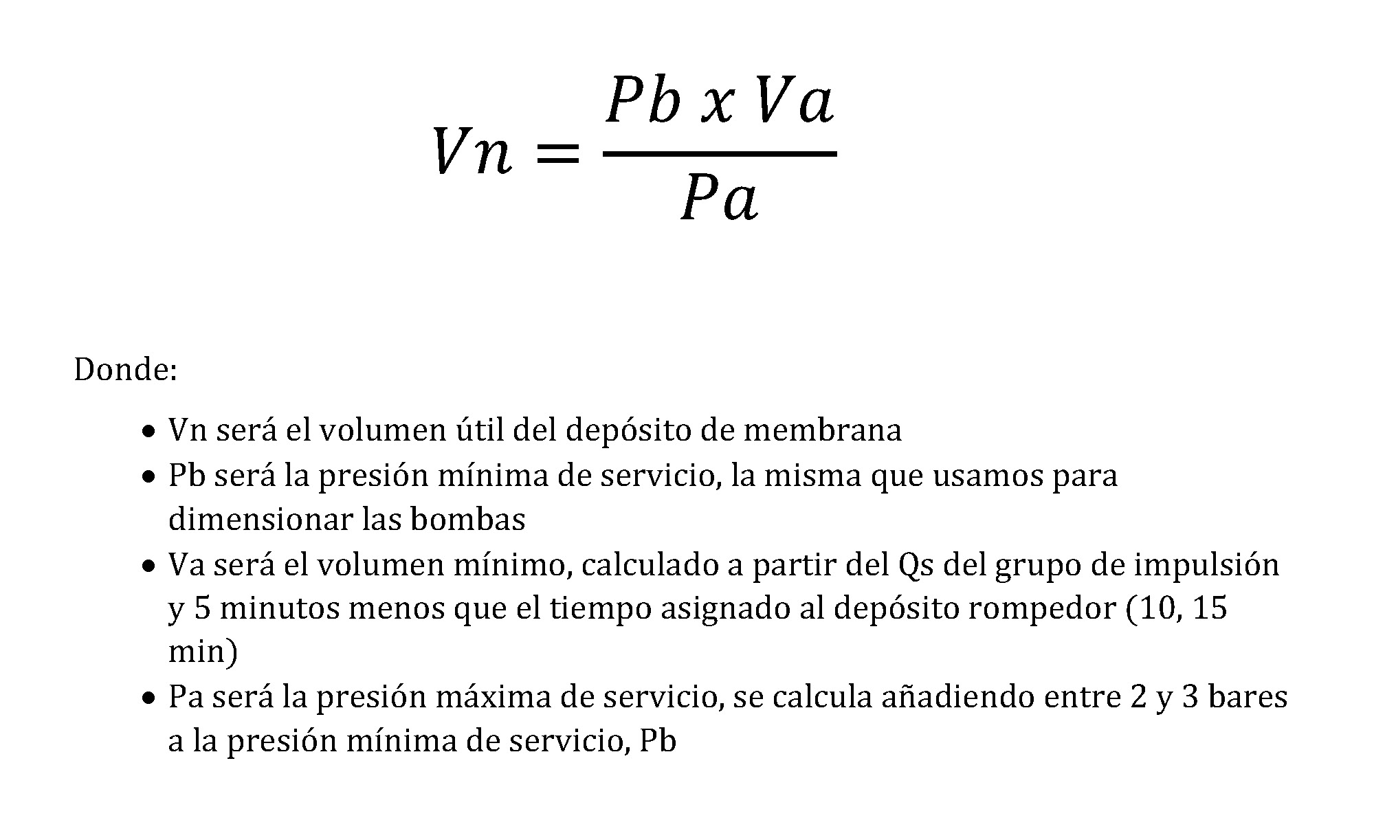 Fórmula para determinar el volumen del depósito de membrana de un grupo de impulsión según CTE-DB-HS4