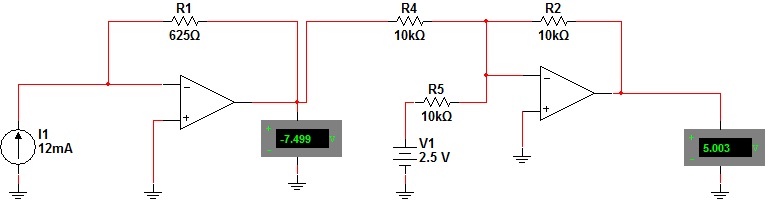 Imagen de un circuito conversor 4-20mA en 0-10V