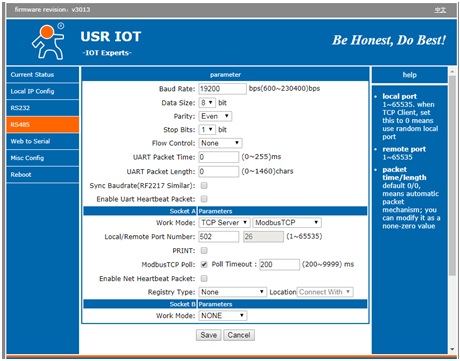 Imagen de la configuración comunicaciones Modbus