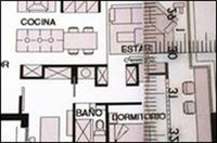 Plano en planta de una vivienda donde se muestran las distintas estancias y su distribución, así como la del mobiliario interior.