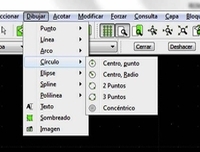 Cuadro de diálogo de dibujo desplegado, dentro de el , el desplegable de Círculo, donde se puede seleccionar el procedimiento de generación de círculos en el programa LibreCAD.