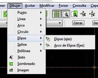 Cuadro de diálogo de dibujo desplegado, dentro de el , el desplegable de elipse, donde se puede seleccionar el procedimiento de generación de elipses en el programa LibreCAD.