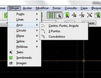 Cuadro de diálogo de dibujo desplegado, dentro de el , el desplegable de arcos, donde se puede seleccionar el procedimiento de generación de arcos en el programa LibreCAD.