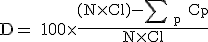 D mayúscula es igual a cien por se abre paréntesis N mayúscula por C mayúscula l minúscula, se cierra paréntesis, menos sumatorio en base p minúscula de C mayúscula p minúscula, todo ello partido por N mayúscula por C mayúscula l minúscula.