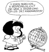 Imagen que muestra a Mafalda y un comentario sobre los derechos.