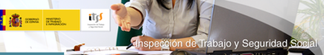 Logo  y cabecera de la web de la Inspección de trabajo y la seguridad social. Sobre una imagen que es una banda estrecha, se ve el logo del ministerio de trabajo  e inmigración, junto al logo de la ITSS, sobre la imagen de una mujer, a la que no se más que de cuello hacia abajo, sentada frente a una mesa de despacho, con un cuaderno sobre la mesa, y un portátil, bolígrafo en una mano e invitando al observador a sentarse con la otra mano. 