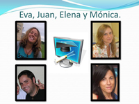 Montaje fotográfico, con una foto de los cuatro protagonistas: Eva, Juan, Elena y Mónica. En medio hay un dibujo de una pantalla de ordenador de la que sale un diploma y un birrete.