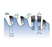 Sector de un disco de sierra para escuadradora y vista de  perfil de los dientes.