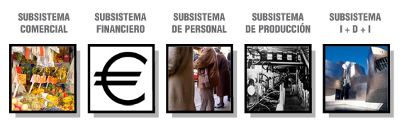 Se ven 5 fotos, cada una acompañada del nombre de un subsistema funcional, y representativa del mismo.  Subsistema Comercial: Un puesto de fruta de un mercado. Subsistema Financiero: El símbolo de Euro.  Subsistema de Personal: Una cola de gente en la calle.  Subsistema de producción: maquinaria industrial en una cadena de montaje.  Subsistema I+D+I: Foto del Museo Guggenheim de Bilbao.