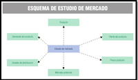 Esquema radial en el que en el centro aparece 'estudio de mercado' y de el salen flechas hacia seis apartados: producto, demanda de producto, oferta de producto, canales de distribución, precio de producto, mercado potencial.