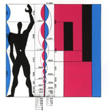 Dibujo de una silueta en negro de un hombre con brazo levantado en la que a su derecha se señalan distintas medidas significativas en relación con una sucesión de Fibonacci.