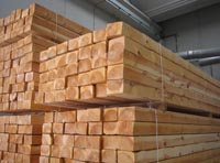 Conjunto de vigas de madera de pino silvestre situados en diversos paquetes flejados vistas desde la testa.