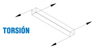 Imagen de un esquema que representa una pieza sometida a torsión, en la que las fuerzas están representadas por flechas y la deformación de la pieza en color rojo.