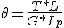 El ángulo de giro es igual al torsor T multiplicado por la longitud L dividido por el producto entre el modulo de elasticidad transversal y el momento de inercia polar.