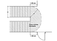 Dibujo de una escalera de dos tramos, cuya meseta es curva y se indican las medidas mínimas que debe cumplir.