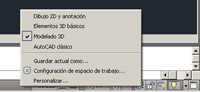 Imagen de una pantalla de cad, en la que se muestra como seleccionar el espacio de trabajo de modelado 3D.