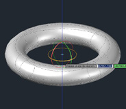 Imagen de una pantalla de cad, en la que se muestra el gizmo de giro 3D, seleccionando uno de los ejes.