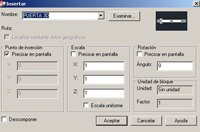 Imagen  que muestra el cuadro de diálogo de Autocad, donde se determinar dónde insertar el bloque, la escala y el ángulo de rotación.