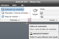 Imagen que muestra la barra de herramientas de autocad y se indica cómo abrir el editor de materiales.