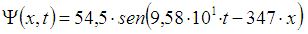 Psi_mayúscula abre paréntesis x_minúscula coma t_minúscula cierra paréntesis igual a 54,5 por el seno abre paréntesis 9,58 por 10 por t_minúscula menos 347 por x_minúscula cierra paréntesis.