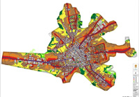 Mapa de ruido de una ciudad con los colores que indican las zonas más ruidosas.