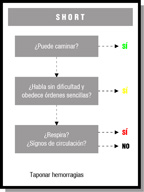 SHORT. ¿Puede caminar? Sí, verde. No, ¿Habla sin dificultad y obedece órdenes sencillas? Sí, amarillo. No, ¿Respira? ¿Signos de circulación? Sí, rojo. No, Negro.  Taponar hemorragias.