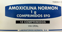 Imagen que muestra una caja de antibiótico o en genérico amoxicilina 1 gramo. Para profilaxis antibiótica.