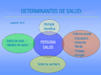 Es un esquema en el que se ve en el centro un óvalo que indica “PERSONA-SALUD”. A su alrededor, cuatro óvalos que indican los determinantes de salud, por orden desde arriba en sentido de las agujas del reloj: a) “Biología-genética”, b) “Entorno social: Educación, vivienda, renta, trabajo, amigos”, c) “Sistema sanitario”, d) “Estilos de vida-Hábitos de salud”. Basado en los estudios de Lalonde 1974.