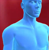 Imagen figurativa, donde se ve una silueta humana de color azul en fondo rojo.